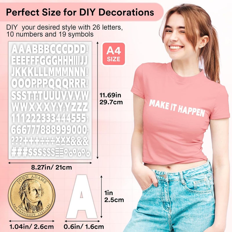 Comkrivy 5 Sheets 830 Pieces Iron on Letters and Numbers for Clothing, 1 Inch Iron on Vinyl Letters with A-Z Heat Transfer Letters 0-9 Iron on Numbers PU Alphabet Stickers for T-Shirt Printing DIY Craft, White - Image 2